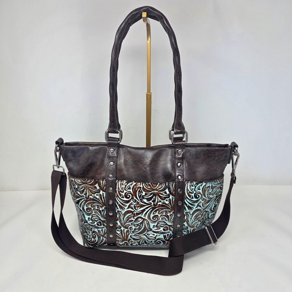 Patricia Nash Carducci Turqoise Brown Tooled Leather Tote Shoulder Bag